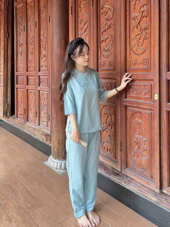 Đồ Lam Đi Chùa _ Mẫu 1 nút không thêu ( vãi kate )