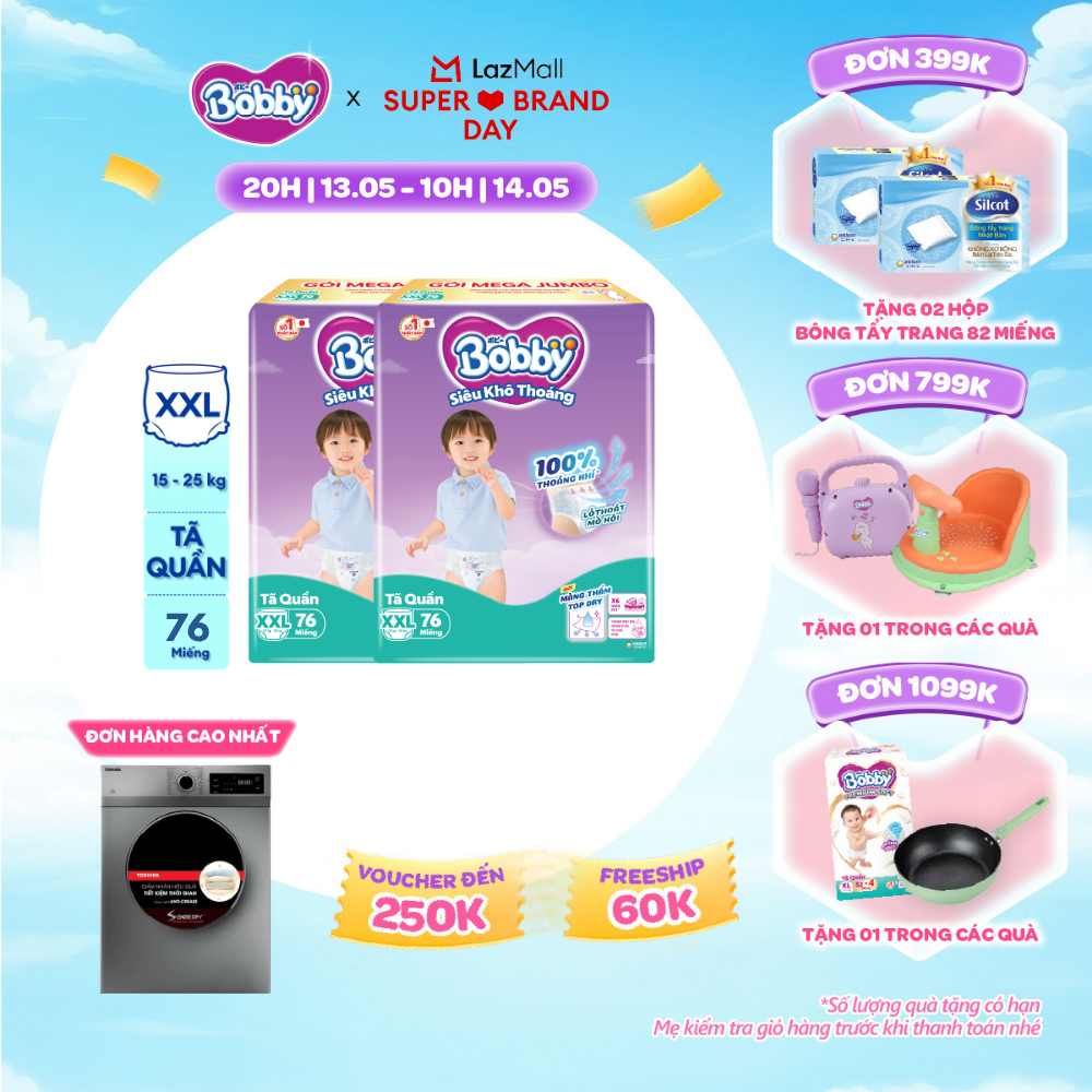 [CHỈ 20h 13.05 QT Đơn 899K/1199K] Combo 2 Tã/bỉm quần Bobby 3mm Mega Jumbo Gạo non Giảm nhiệt XXL76 [Bao bì thay đổi theo từng đợt nhập hàng]