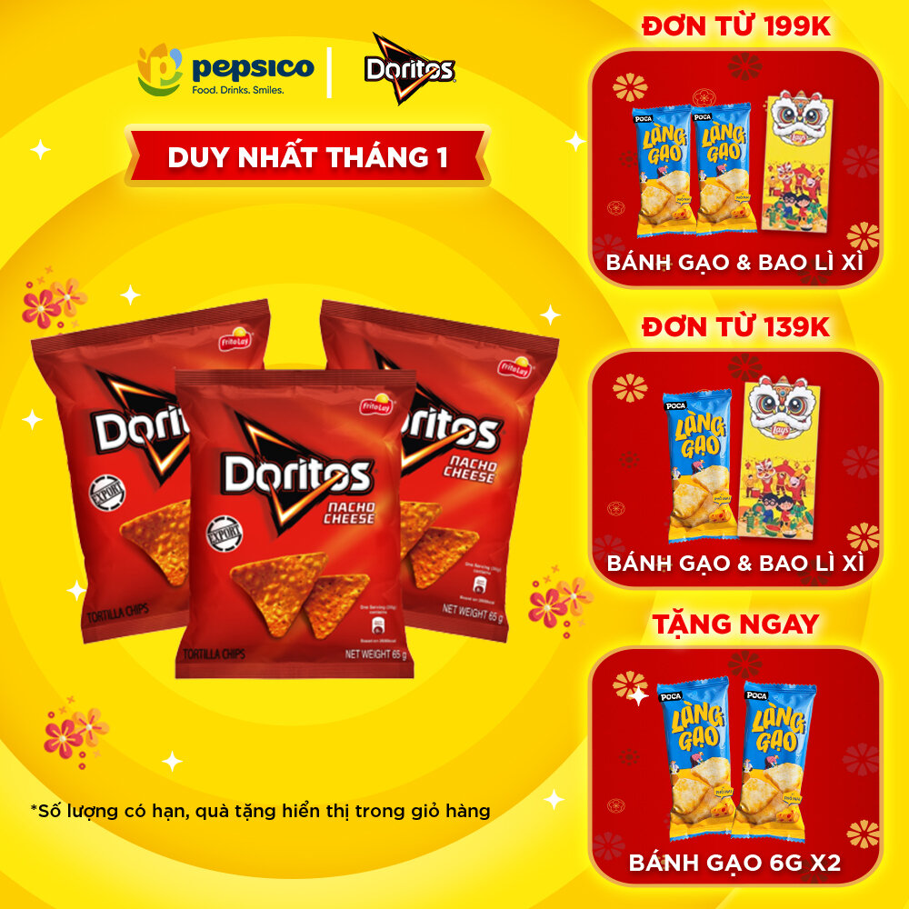 Combo 3 gói snack Ngô Giòn Doritos 65G vị Nacho Cheese/Taco - snack tortilla tẩm vị đậm đà kiểu Mỹ