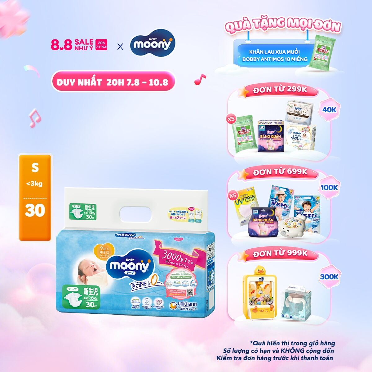 Tã/Bỉm dán cao cấp Moony Blue NB-3S 30 miếng (dưới 3kg)