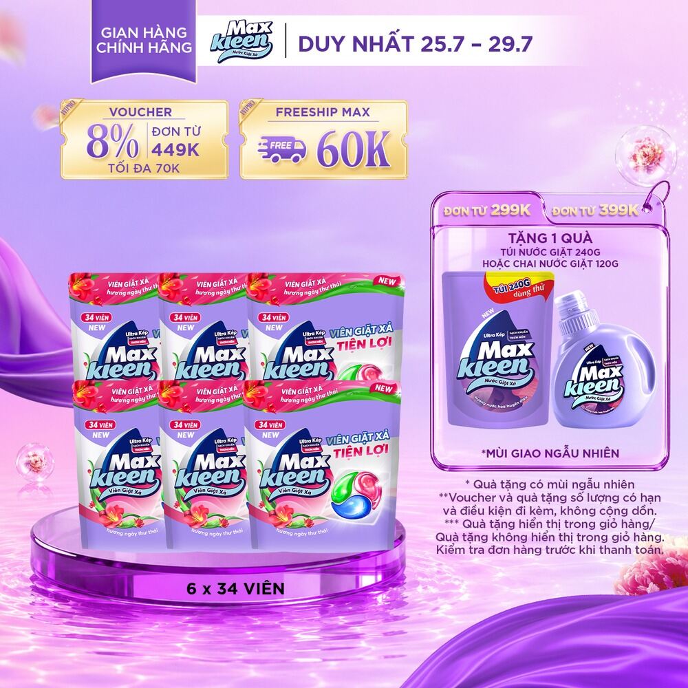 Combo 6 Túi viên giặt xả MaxKleen hương Ngày Thư Thái (34 viên/ túi)