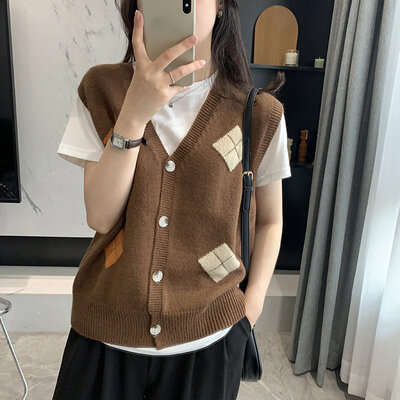 Gilê dệt kim cổ chữ v hình thoi cổ điển gilê dệt kim nữ cardigan áo dệt kim áo ba lỗ mặc chồng chất áo không tay gilê ca rô đầu thu