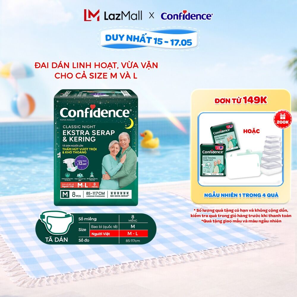 Tã dán người lớn Confidence Thấm Hút Vượt Trội  Khô Thoáng M-L 8M/L-XL 7M
