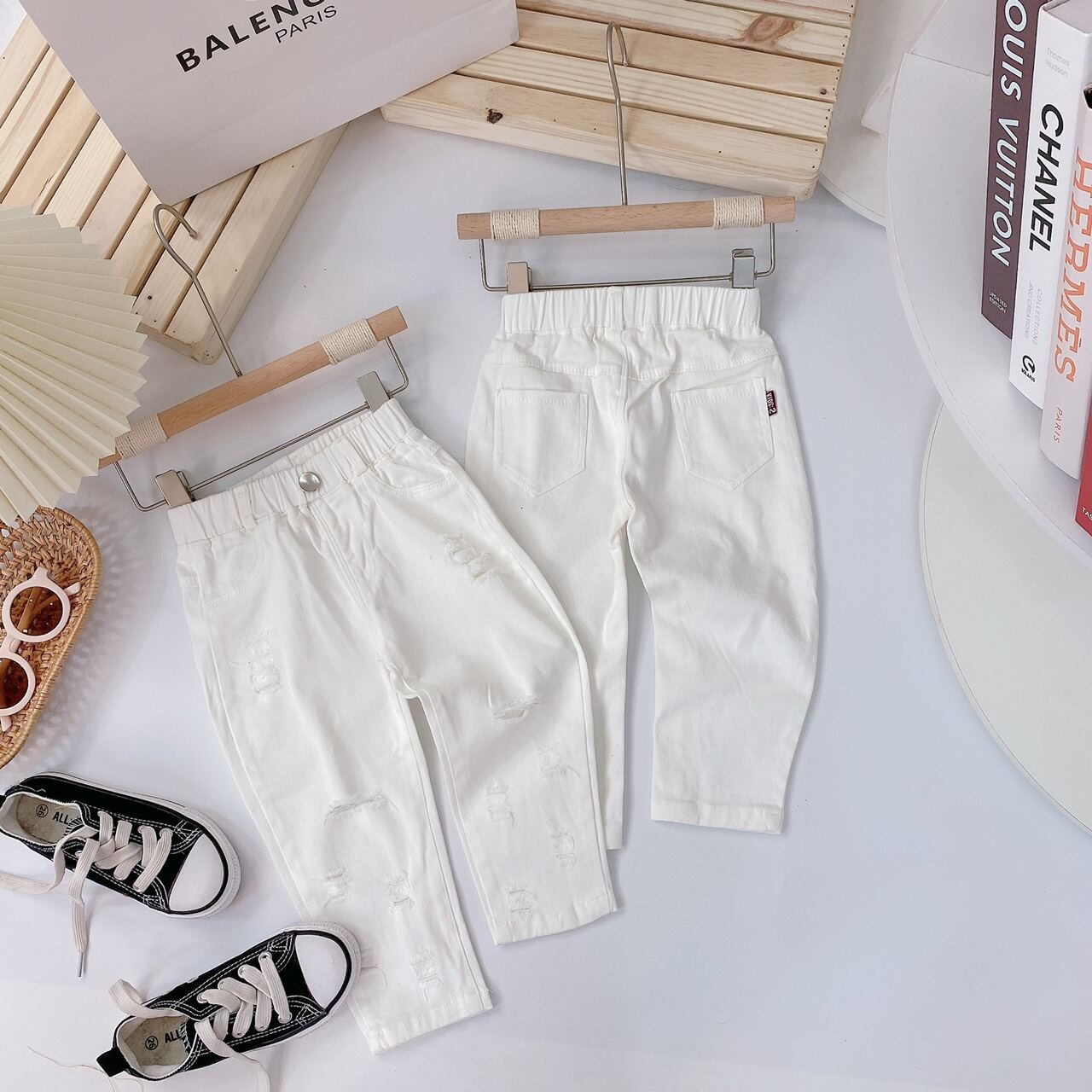 Quần kaki lưng thun phối cắt rách cho bé (8-22kg)