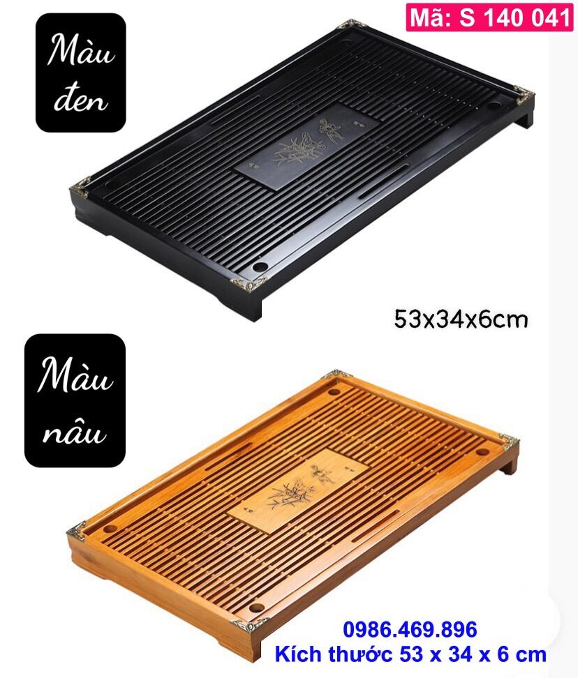 Khay trà gỗ 2 ngăn, mã 140041 kích thước 53x34x6cm, viền đồng, có khay nhựa hứng nước, gốm bát tràng