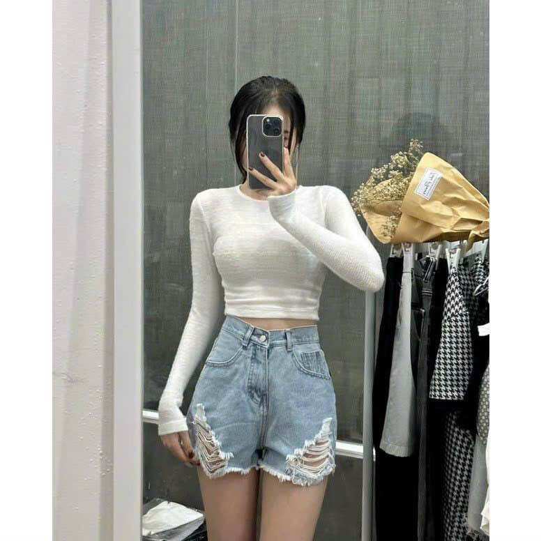 Áo Croptop Cổ Tròn Lông Tay Dài