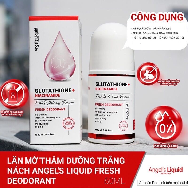 Lăn nách mờ thâm, dưỡng trắng da Angel Liquid Glutathione plus Niacinamide Arbutin Fresh Deodorant 60ml