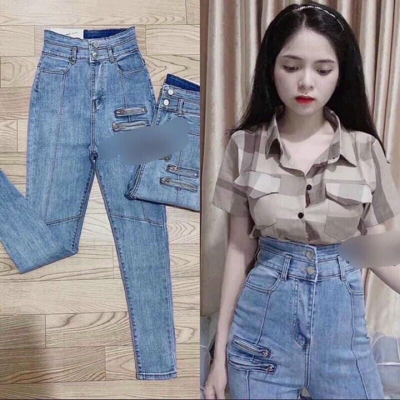 quần jean nữ cạp cao 2 nút phối loang màu dây kéo