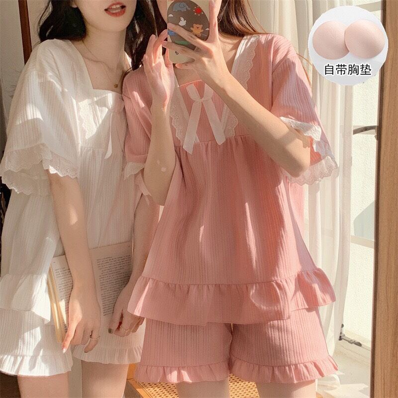 Sét bộ đùi pyjama gân ren tiểu thư.
