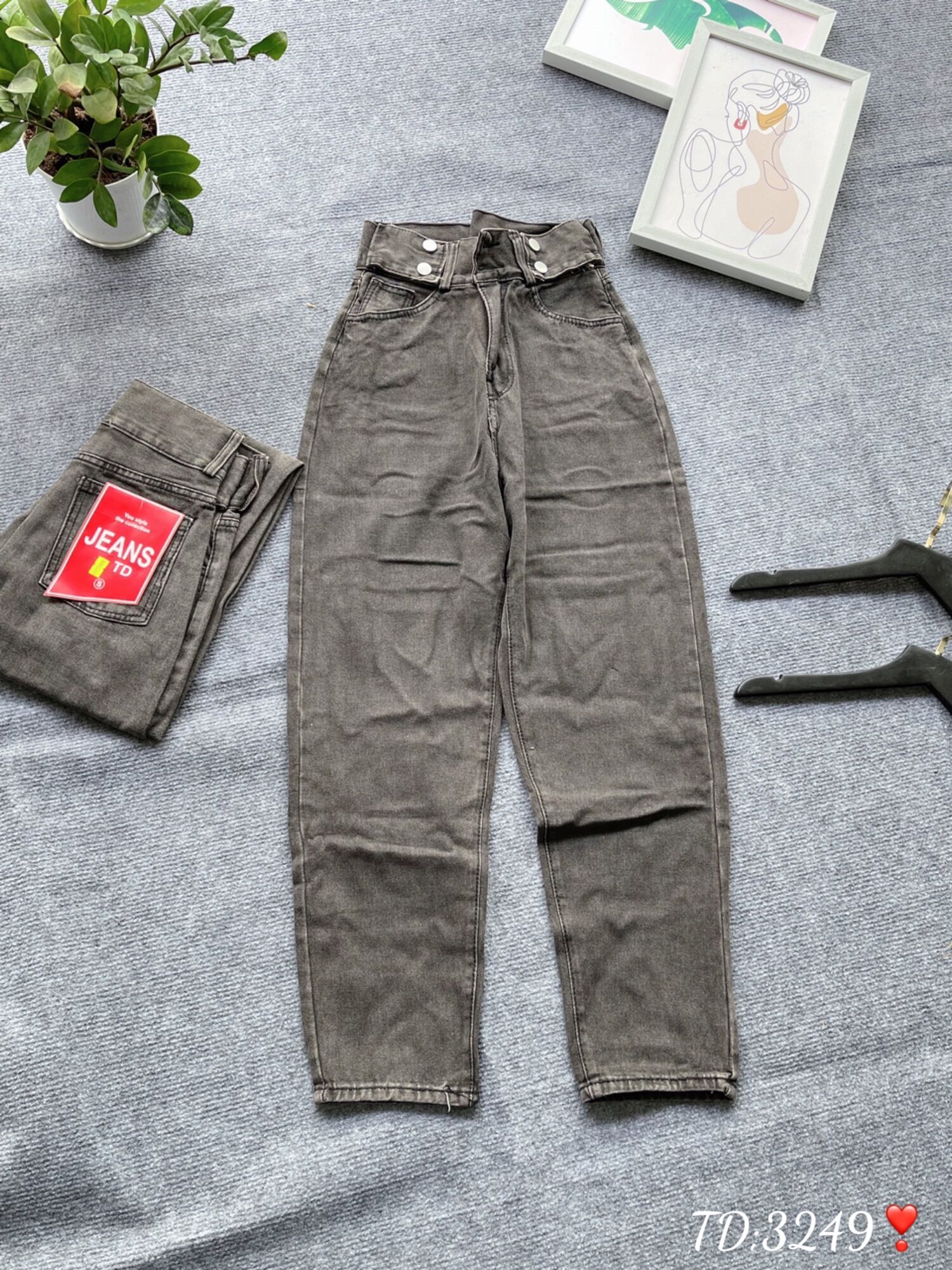 Baggy Jeans Lưng Cao 2 Nút Đai Nút