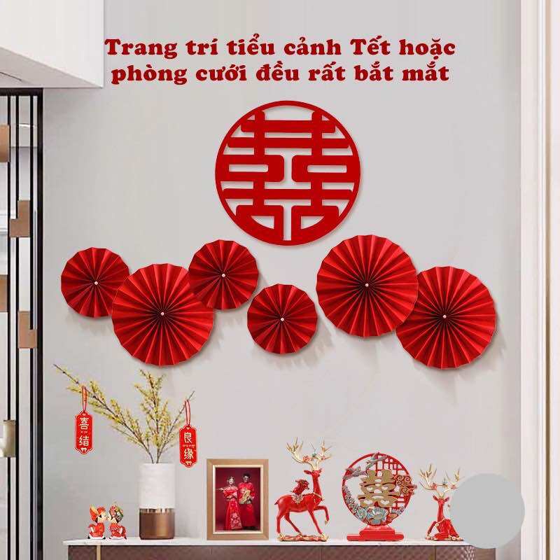 Set 6 quạt đỏ trang trí Tết, cưới hỏi