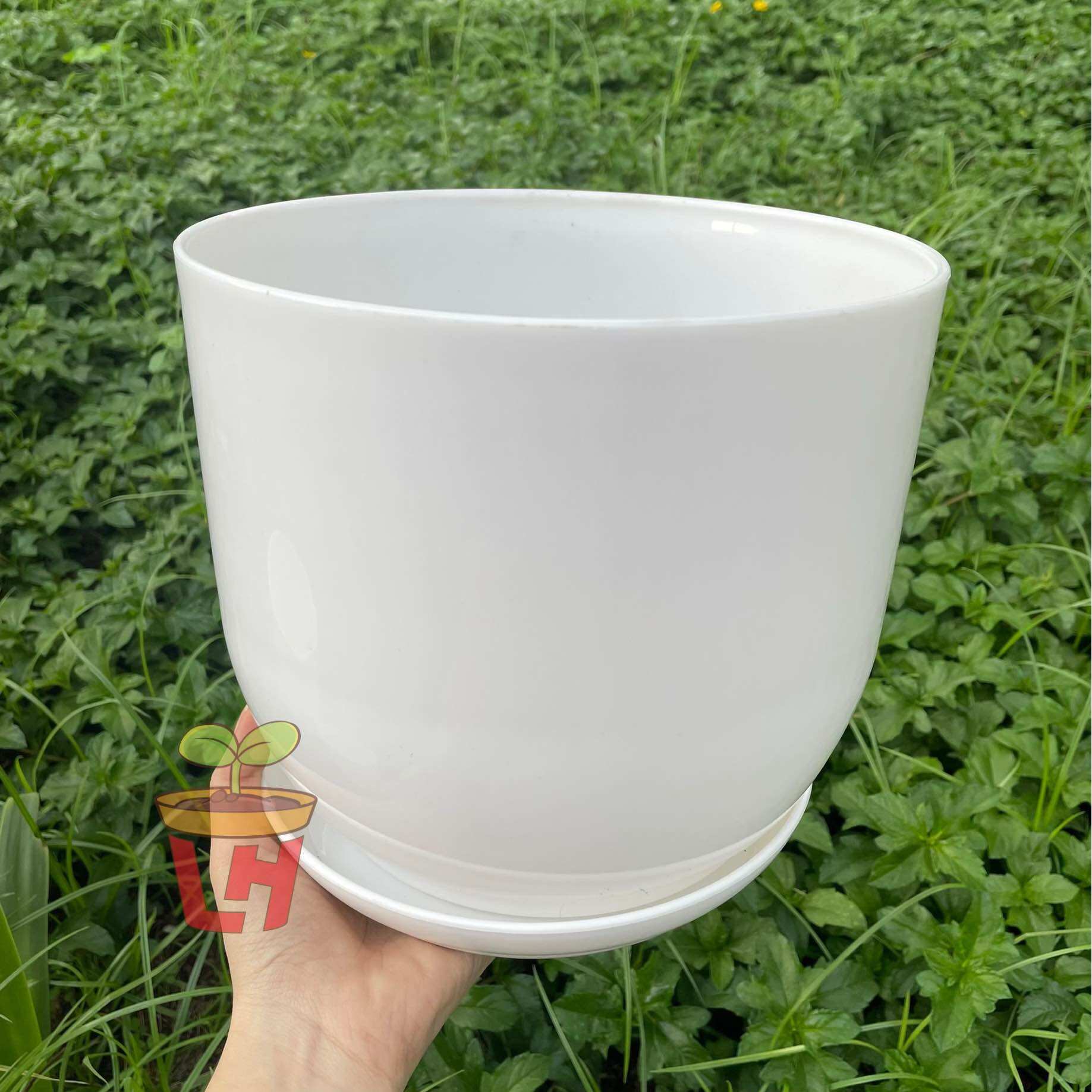 Chậu nhựa trồng cây tròn giả sứ size lớn kèm dĩa, nhựa bóng đẹp dày cao cấp