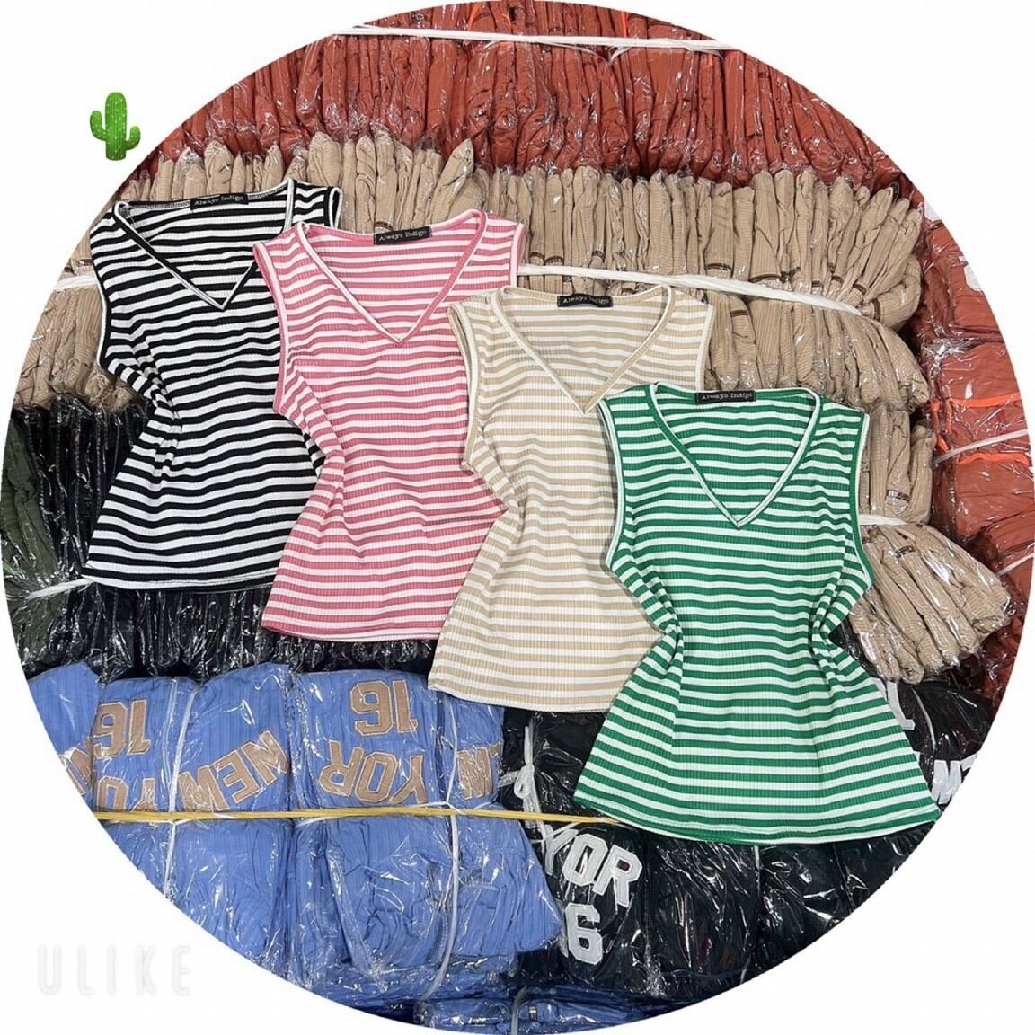 Áo cổ tim sọc viền màu