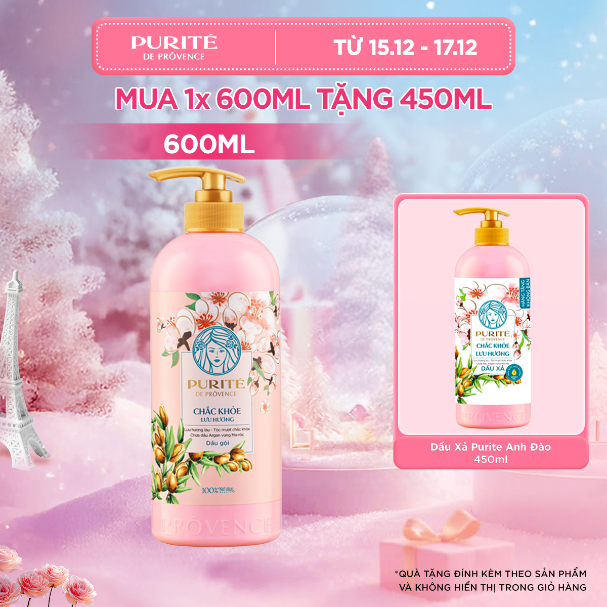  Combo Dầu Gội Purité Chắc Khỏe Lưu Hương 600ML + Tặng Dầu Xả Purite Chắc Khỏe Lưu Hương Anh Đào 450ML 