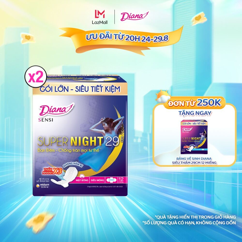 Combo 2 gói Băng vệ sinh Diana Sensi ban đêm 29cm gói 12 miếng