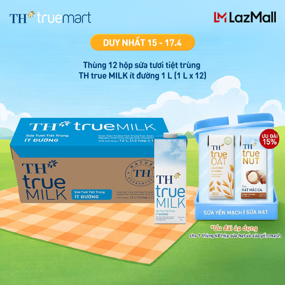 Thùng 12 hộp sữa tươi tiệt trùng TH true MILK ít đường 1 L (1 L x 12)