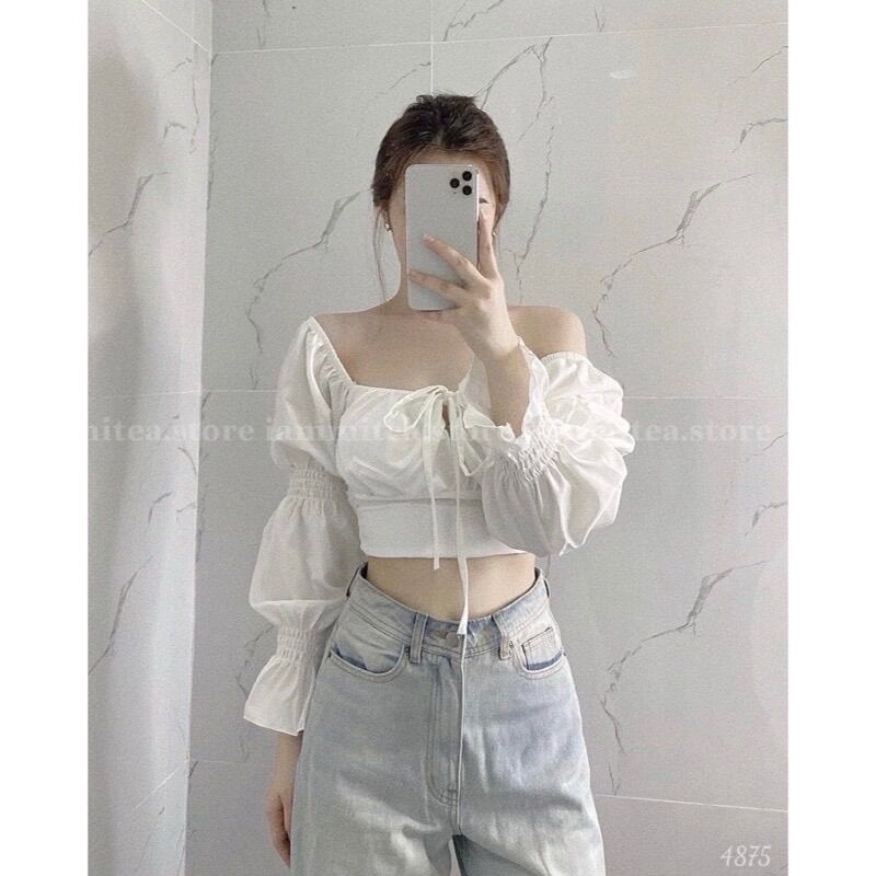 ÁO VOAN CỔ VUÔNG TAY DÀI CỘT KIỂU CROPTOP