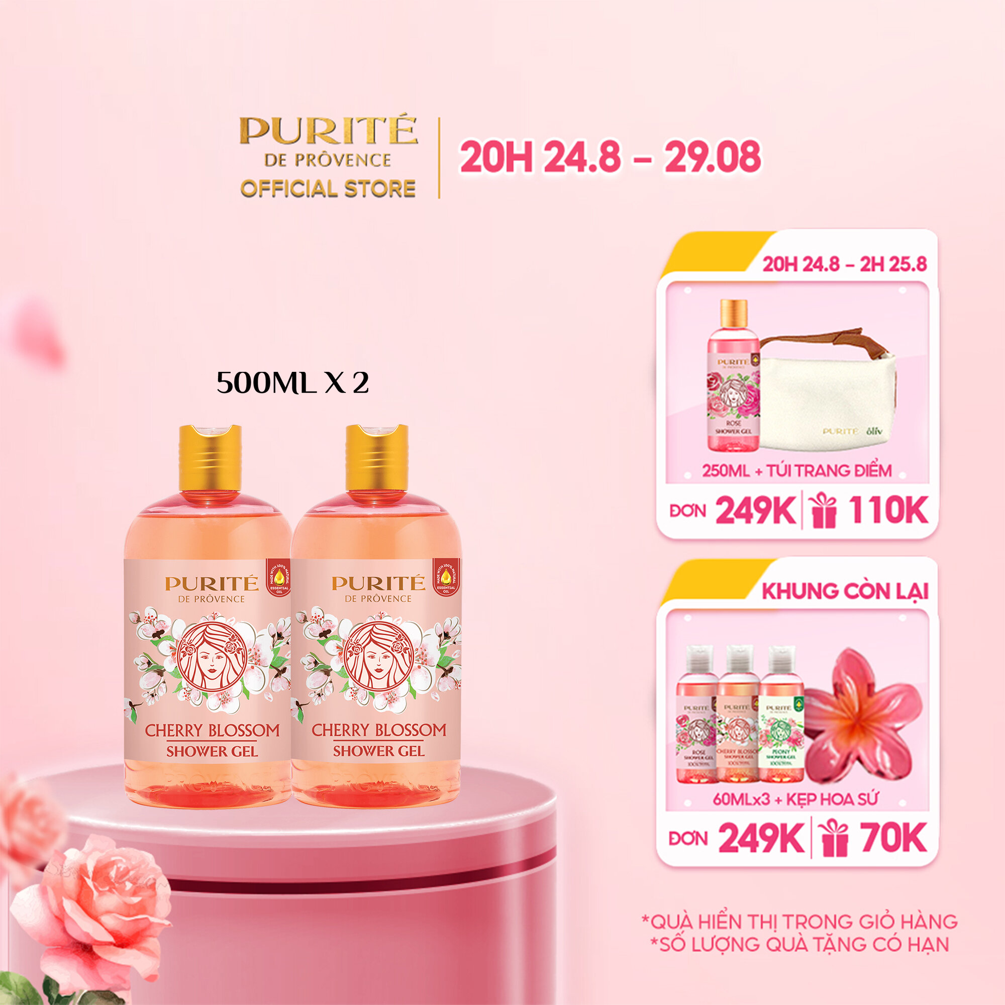 Combo 2 sữa tắm thiên nhiên hoa anh đào purité 500ml/chai