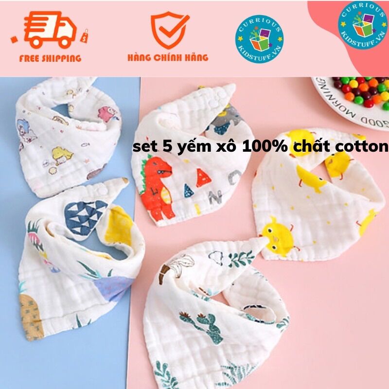 Set 5 yếm Xô organic 6 Lớp Mềm Có Cúc Bấm Điều Chỉnh Theo Vòng Cổ Bé của Manny