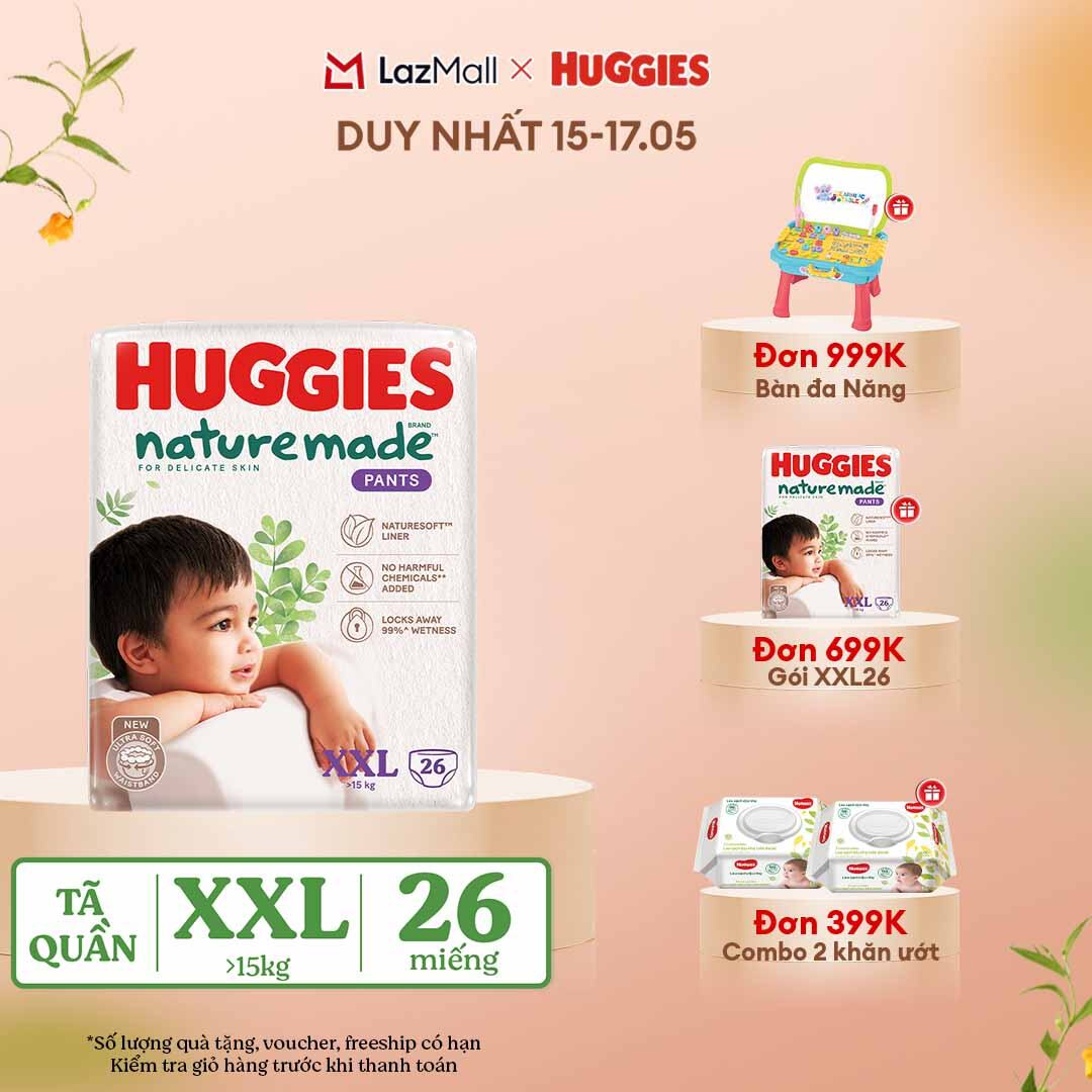 [CHỈ 15-17.05 QUÀ TẶNG ĐƠN 399K](Mua 1 tặng 1) Tã/Bỉm quần HUGGIES PLATINUM NatureMade XXL26 (Trên 15kg)-Gói Jumbo 26 miếng