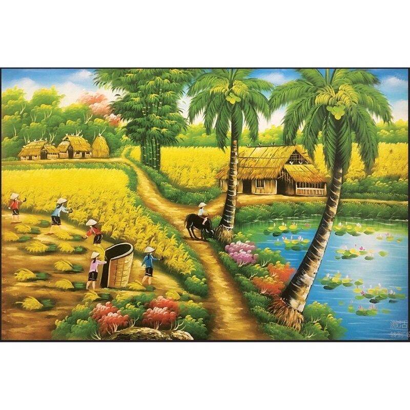 Tranh đính đá-Làng Quê đang Gặt Lúa 88*62 cm chưa đính