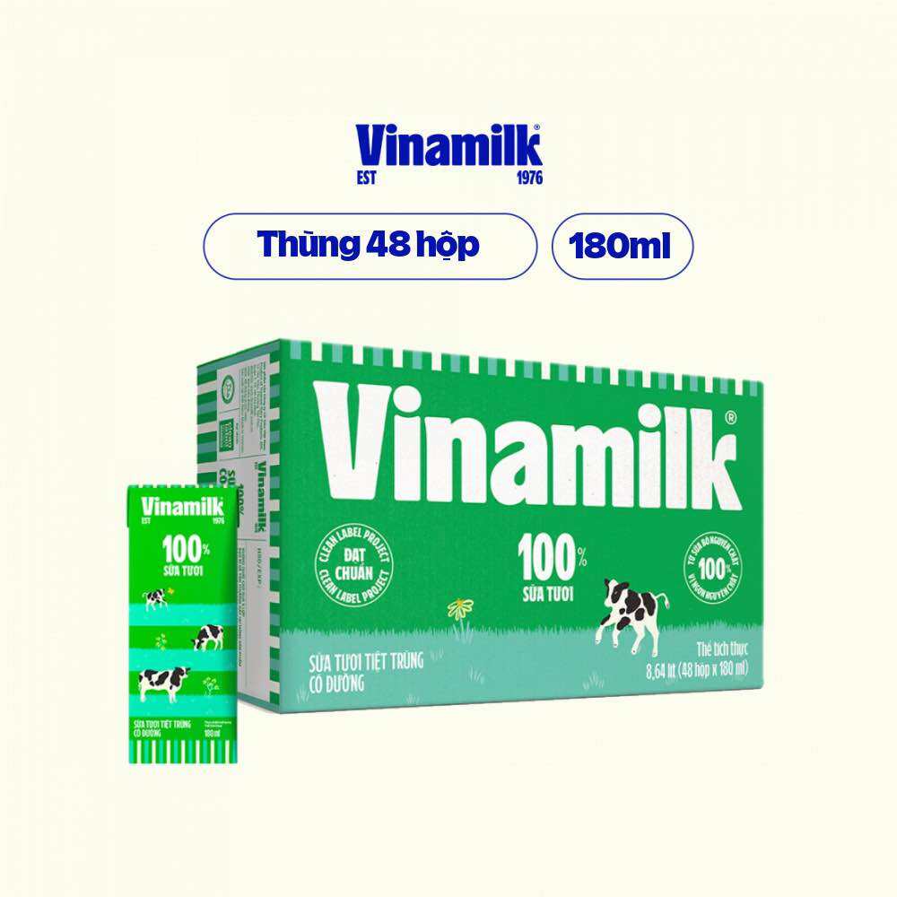 Lốc 4 hộp Sữa tươi tiệt trùng Vinamilk 100% Có đường 180ml/hộp
