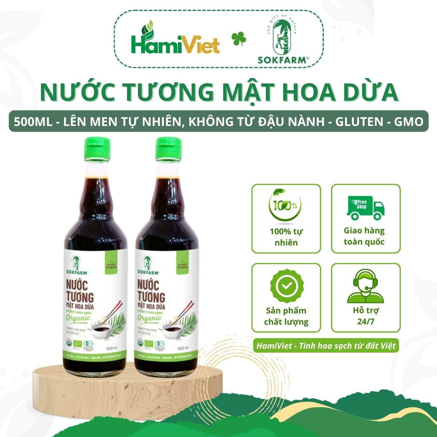 Nước tương mật hoa dừa organic Sokfarm 500ml dòng ít muối, không đậu nành, không gluten và chất bảo quản