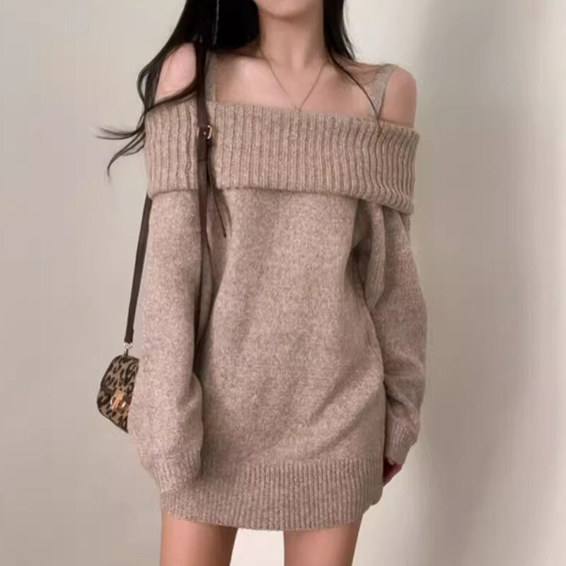 Đầm Len Cổ Chữ V Tay Dài Rộng Rãi Gợi Cảm Kiểu Pháp Thu Đông Cho Nữ Đầm Midi Cổ Chữ V Tay Dài Dáng C