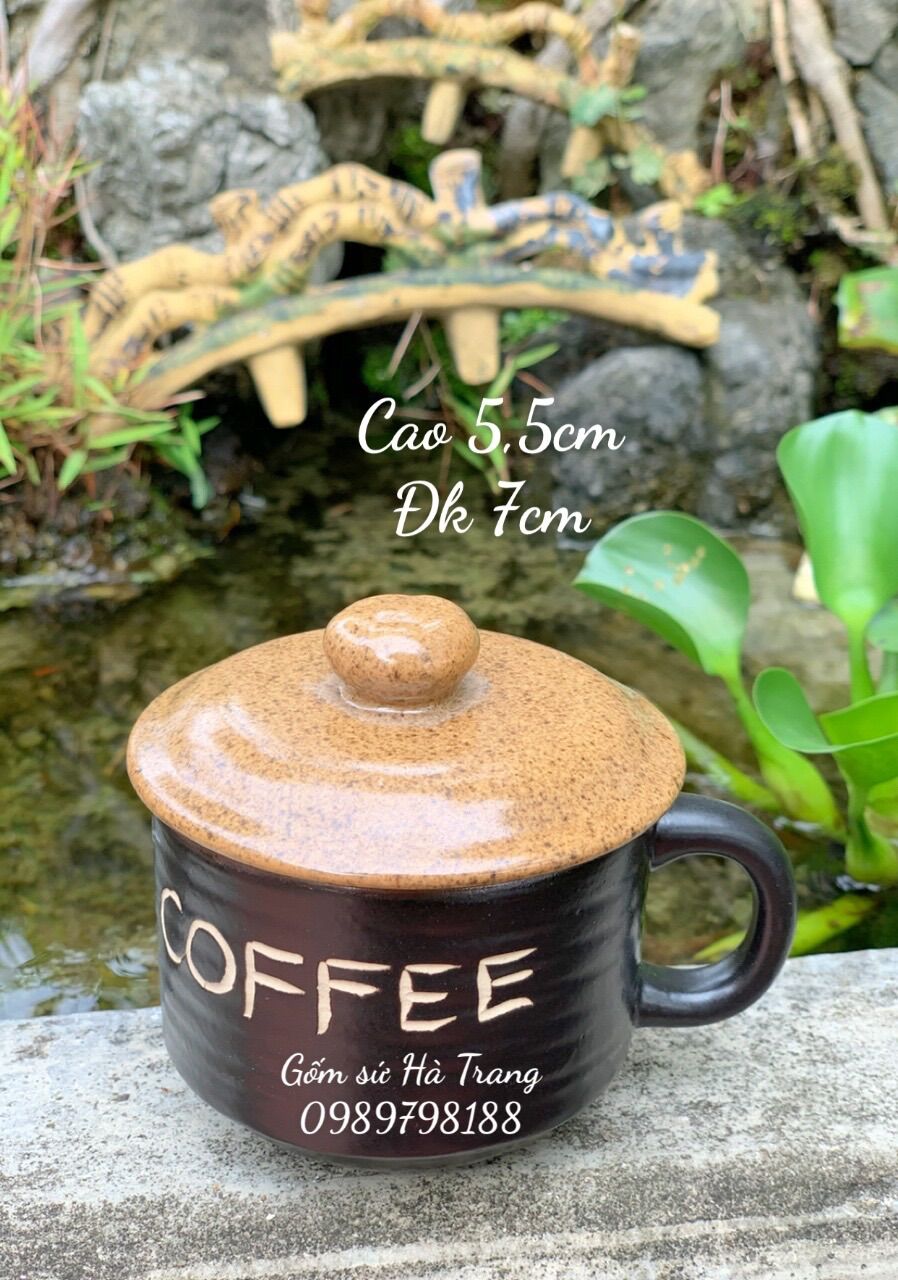 Cốc cafe nóng có nắp gốm sứ Bát Tràng cao cấp không chì men đen lòng nâu dung tích 120ml