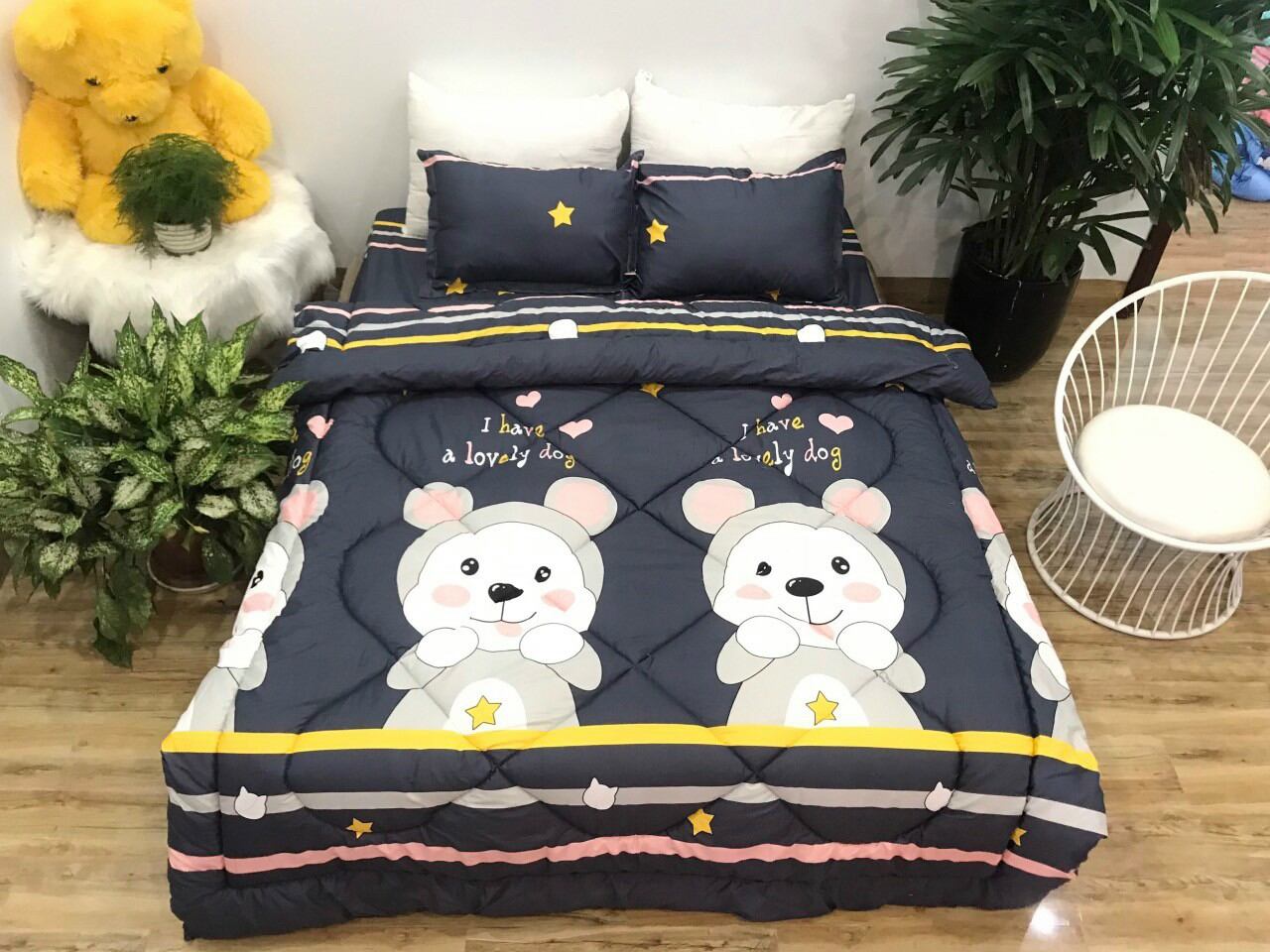 (com bo giá rẻ) chăn ga gối sét 5 món cotton poly mẫu mới gồm( 1 chăn hè trần bông+1 ga chun+2 vỏ gối+1 vỏ gối ôm)