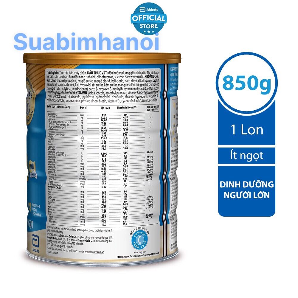 Sữa bột Ensure Gold Abbott ít ngọt (HMB) 850g