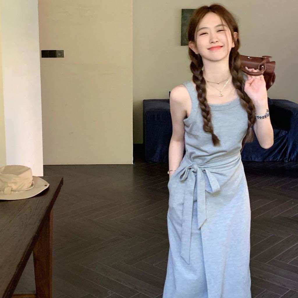  Đầm maxi xám bản lớn cột nơ eo xinh xắn- đầm siêu xinh hack dáng- thích hợp dạo phố đi biển - BC90 