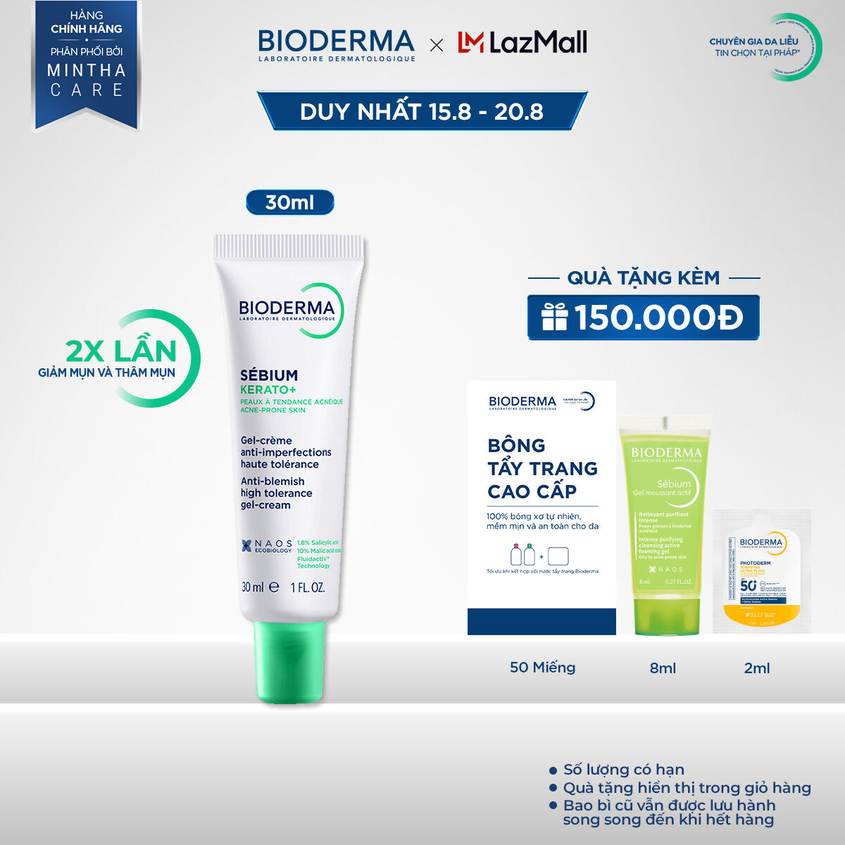 Kem dưỡng hỗ trợ giảm mụn chuyên sâu cho da mụn nhẹ đến trung bình Bioderma Sébium Kerato+ 30ml