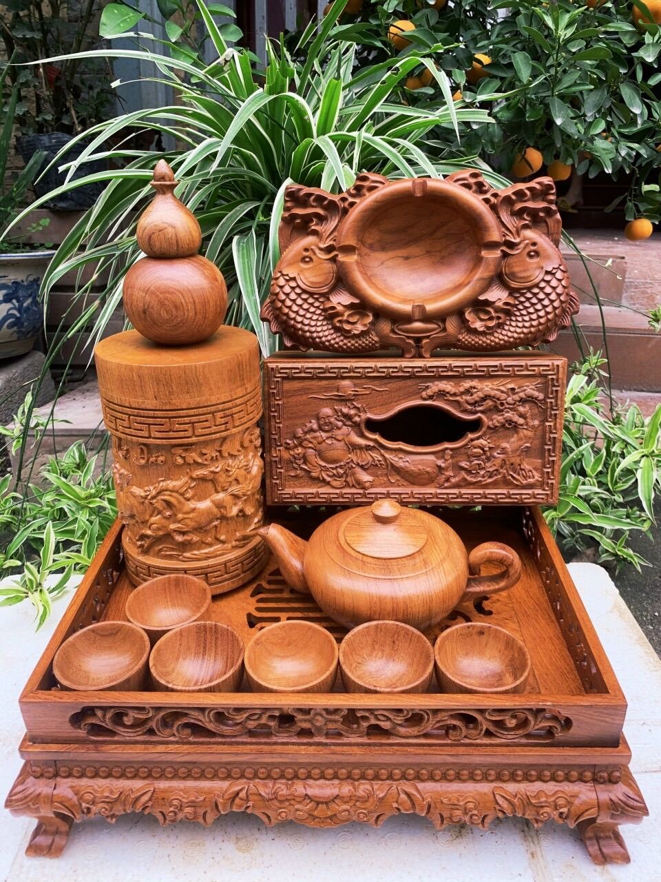 Combo 6 món khay trà phòng khách bằng gỗ hương giá rẻ