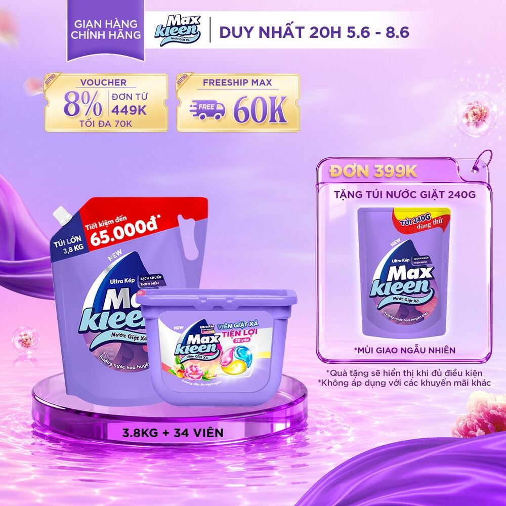 Combo Túi nước giặt xả 3.8 kg + Túi viên giặt xả 34 viên MaxKleen hương Huyền Diệu