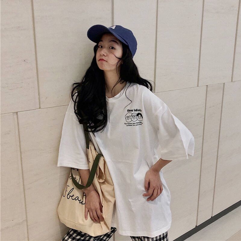 Áo thun tay lỡ mặt người three cotton
