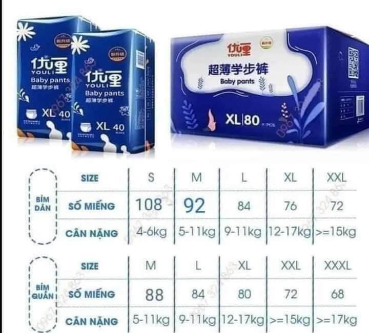 Combo 4 bịch bỉm youli đủ size s m l xl xxl xxxl