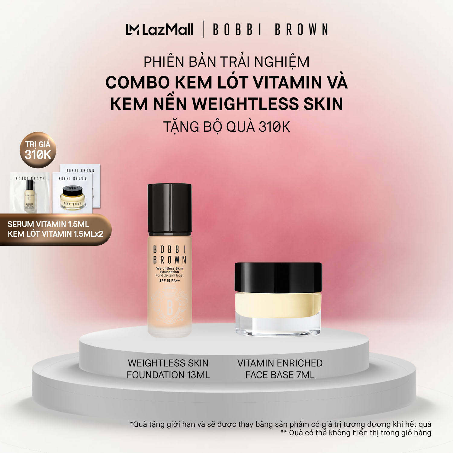 Combo Bobbi Brown Mini Weightless Skin Foundation SPF 15 PA++, Vitamin Enriched Face Base 7ml
