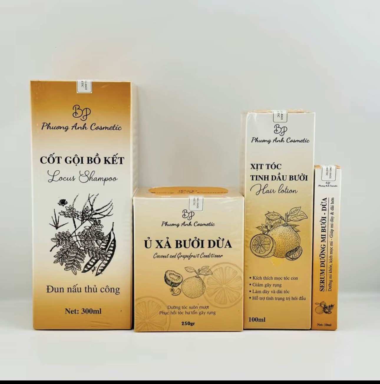 Combo cốt gội bồ kết,ủ xả bưởi dừa, xịt bưởi phương anh comestic thuần chay,tặng serum dưỡng mi