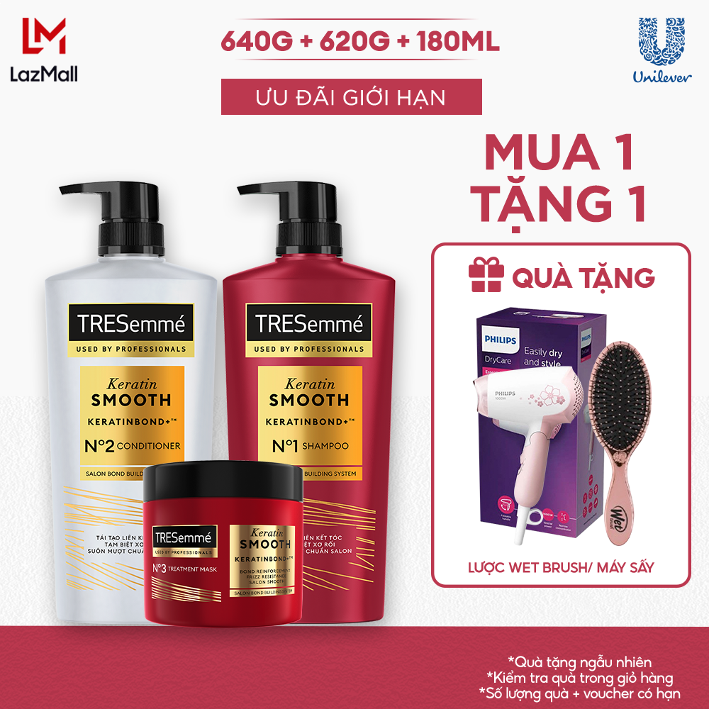 Combo Dầu Gội, Dầu Xả, Kem Ủ TRESemmé Keratin Smooth Keratinbond+ 640g, 620g, 180ml Cho Tóc Khô Xơ Rối Vào Nếp Suôn Mượt