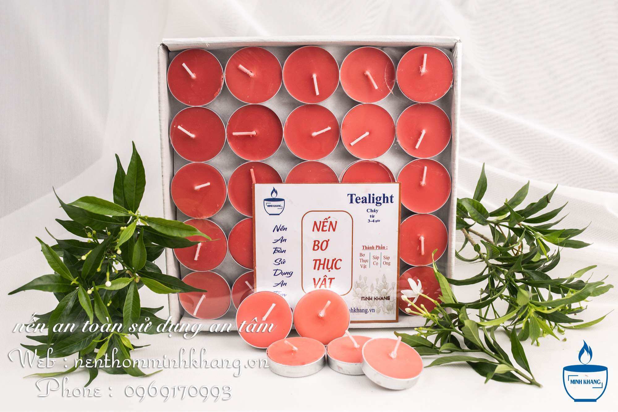 Nến Bơ Tealight cao cấp Minh Khang nến bơ Organic hộp 100 viên cháy 2-3giờ