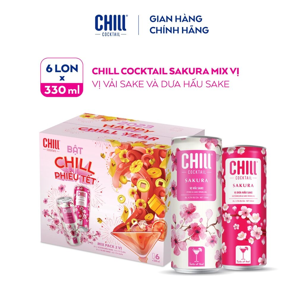 Thùng 6 lon chill cocktail sakura mix vị vải sake & dưa hấu sake 330ml/lon