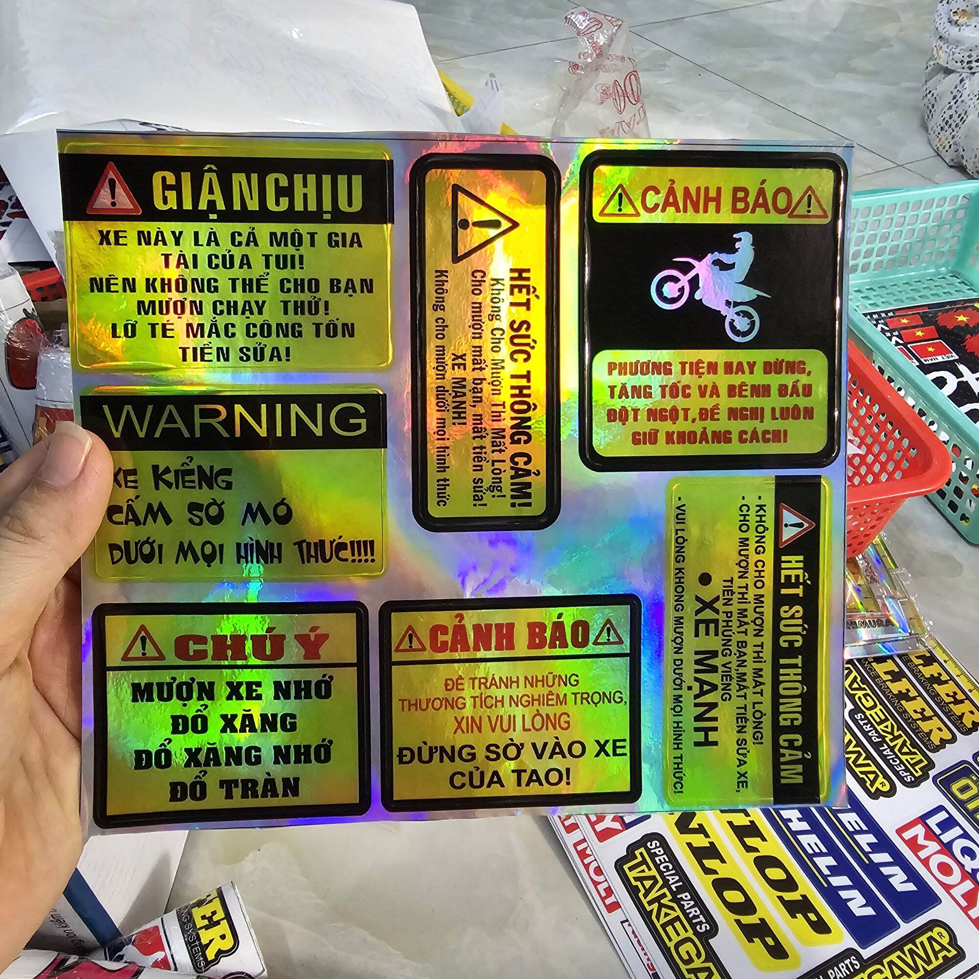 Combo 7 tem logo cảnh báo 7 màu dán trang trí xe máy
