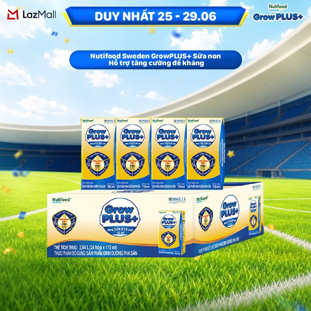 Thùng 24 hộp Sữa Bột Pha Sẵn Nutifood GrowPLUS+ Sữa Non (Vàng) - Hỗ Trợ Tăng Cường Đề Kháng 110ml - Trên 2 tuổi