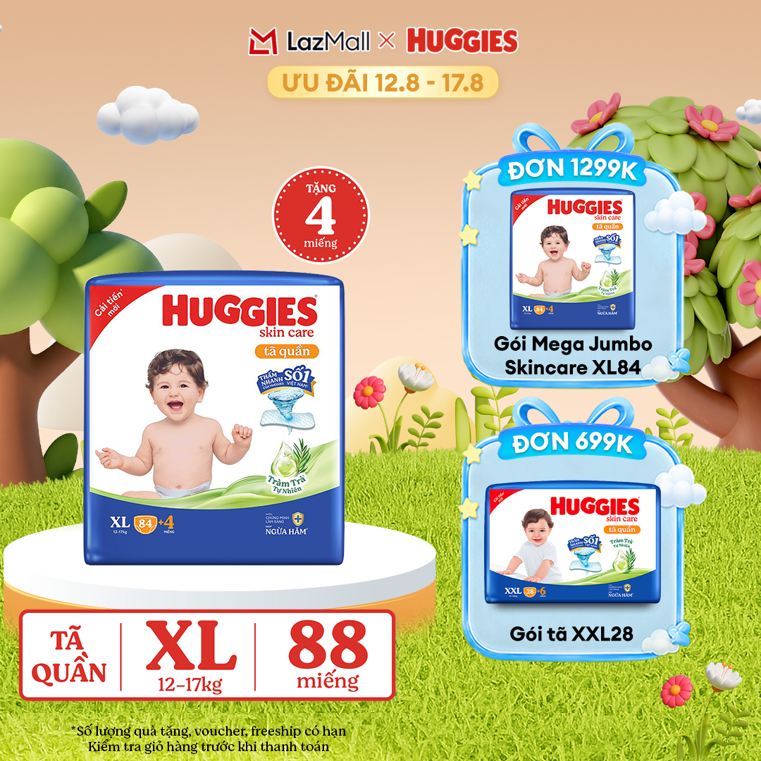 [12-17.08 GIẢM THÊM 90K]  Thùng tã/bỉm quần HUGGIES SKINCARE MEGA JUMBO size XL84+4 miếng