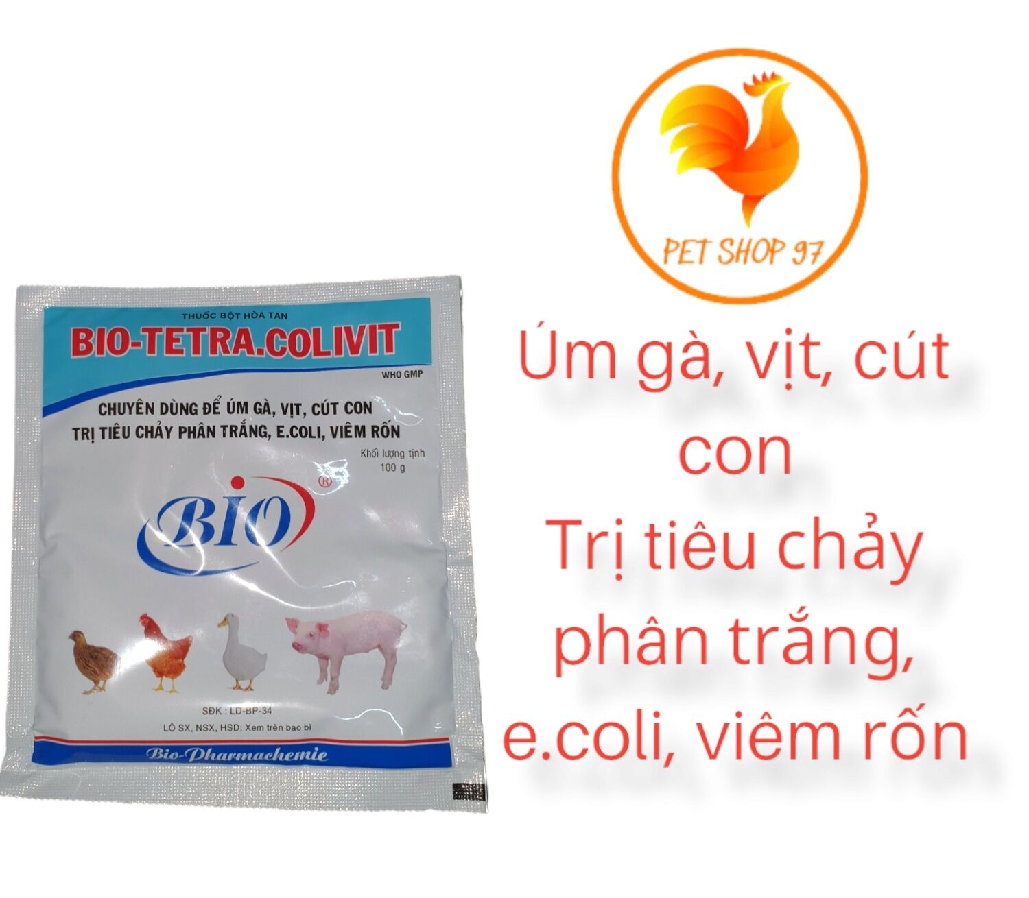 Bio tetra.colivit 100g úm gà vịt cút con, tiêu chảy phân trắng , e.coli, viêm rốn