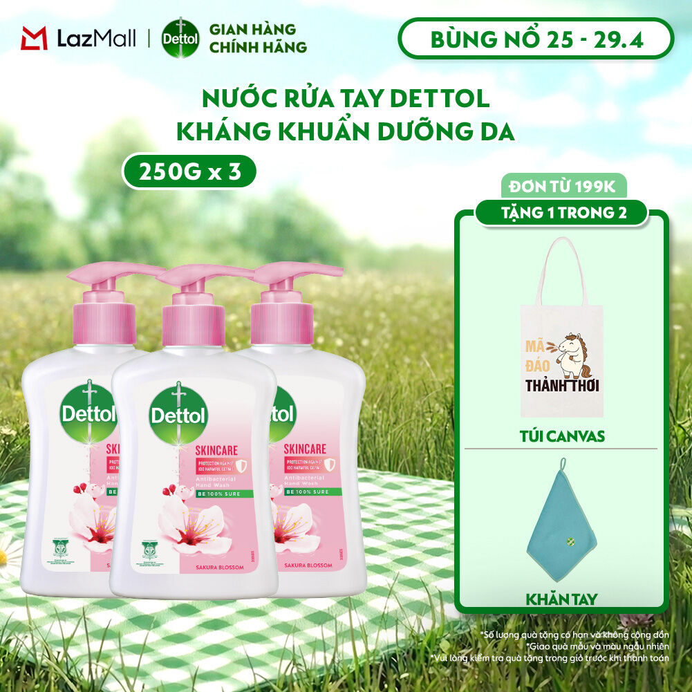 Combo 3 nước rửa tay Dettol kháng khuẩn dưỡng da, hương hoa anh đào - Chai 250g