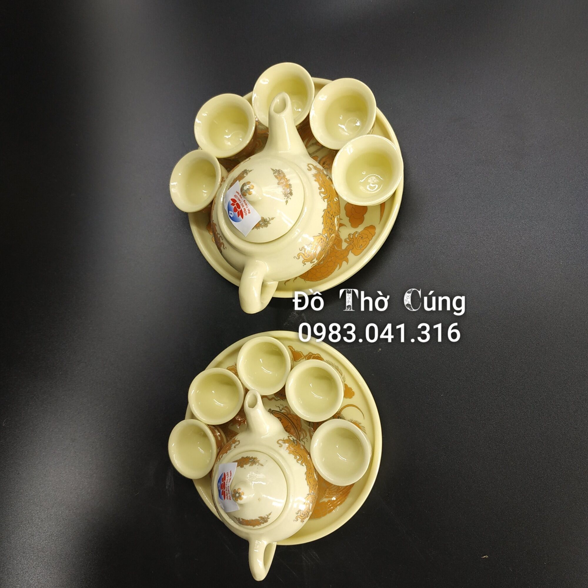 Bộ ấm chén pha trà thờ mini màu vàng ngà