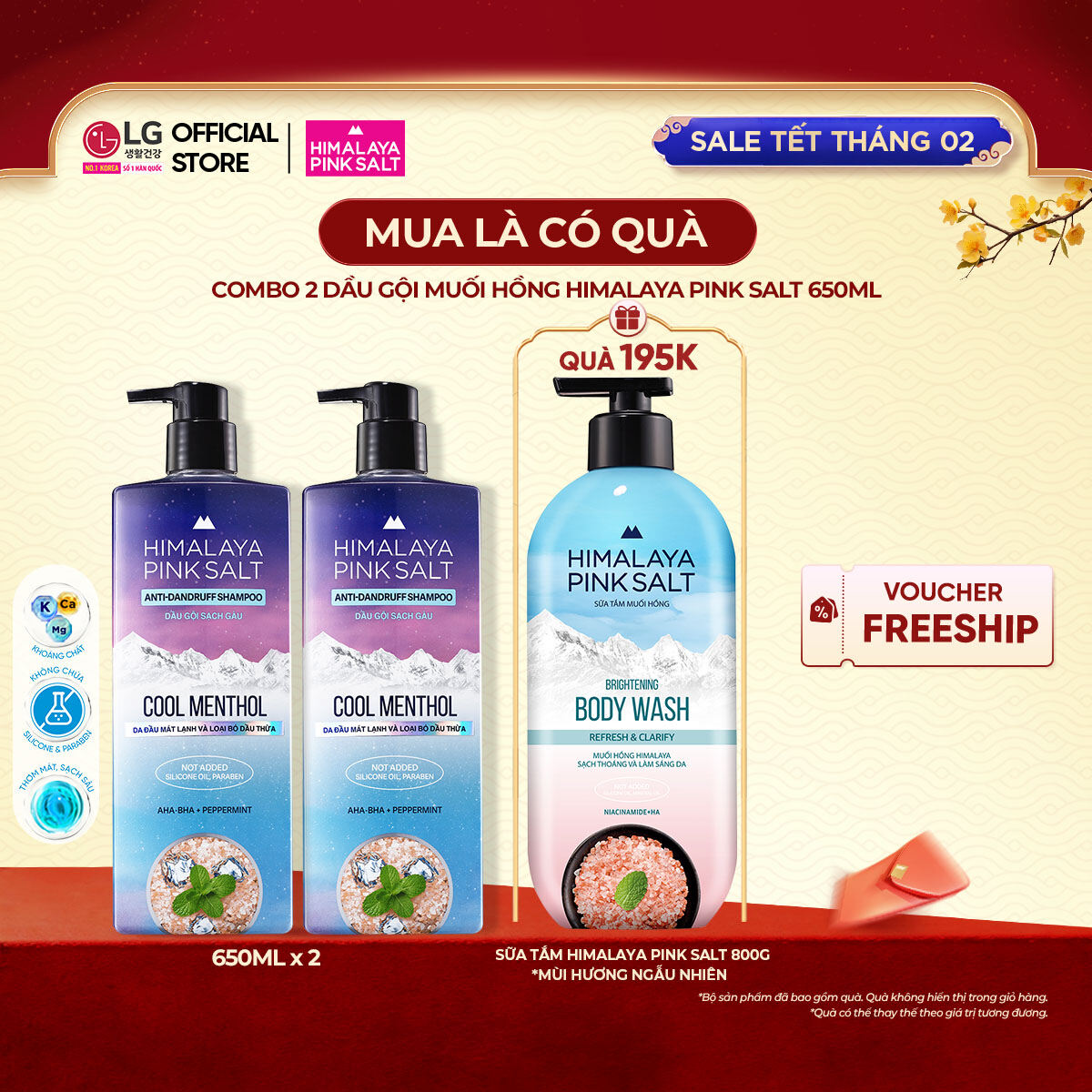 [LG Daily Beauty Official] Combo 2 dầu gội sạch gàu muối hồng Himalaya Pink Salt mát lạnh bạc hà 650