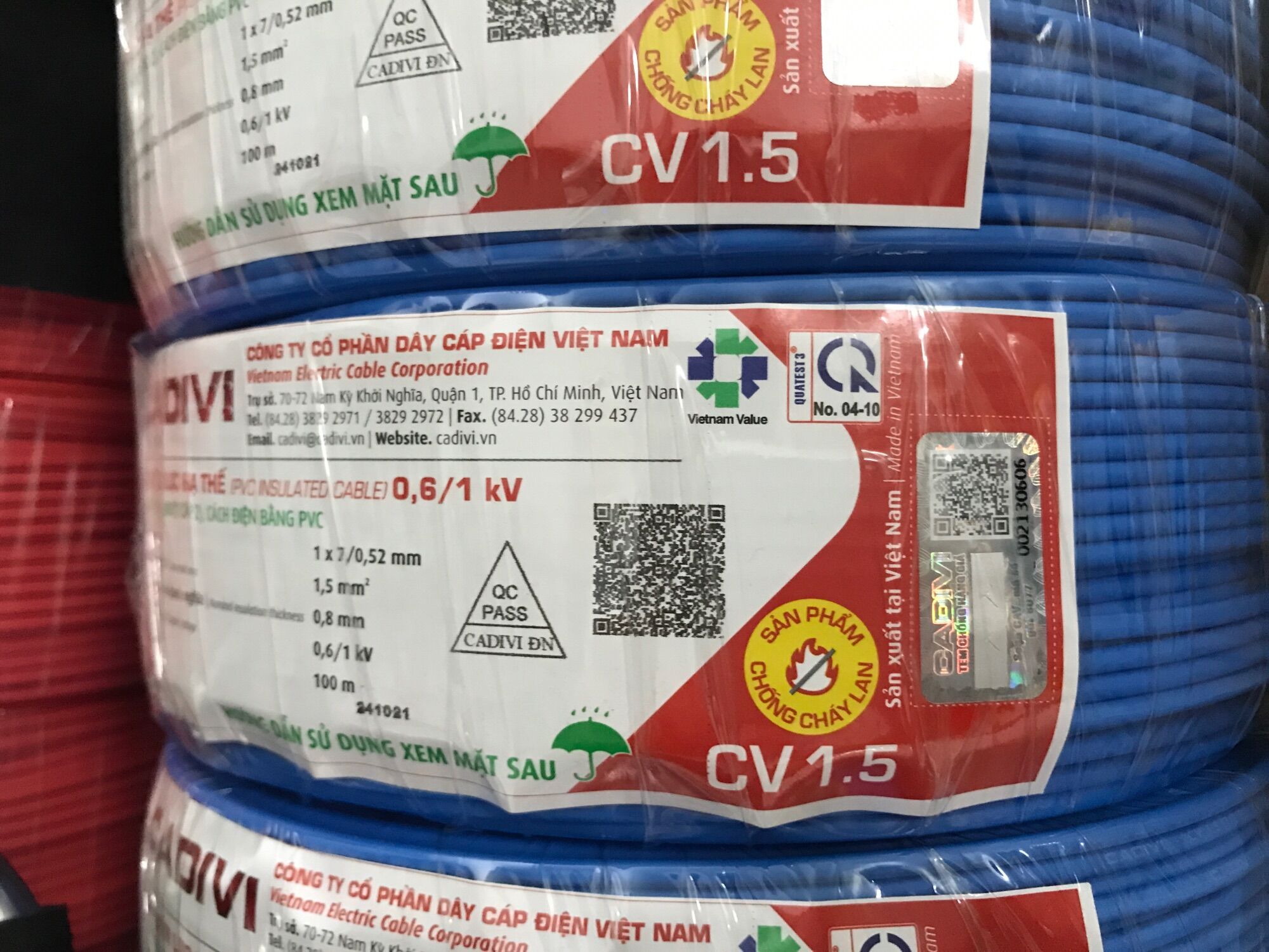 Bán lẻ 50 mét - Dây điện Cadivi 1.5 đơn 1 lỗi 7 sợi - cv 1.5